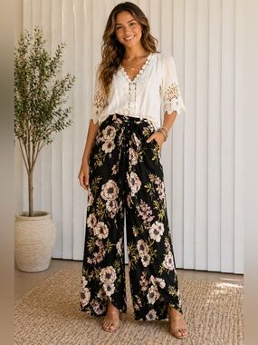 Angie Floral Wrap Pants Size Large NWT Black Boho Wide Leg Tie Waist